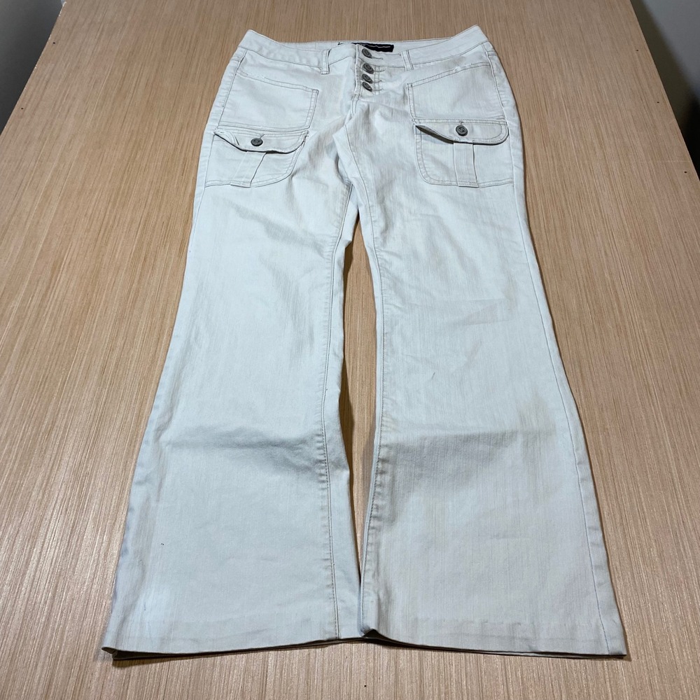 Squeeze Women Off White Flare Cargo Jeans Y2K Button Fly Multi Pocket Size 9/10